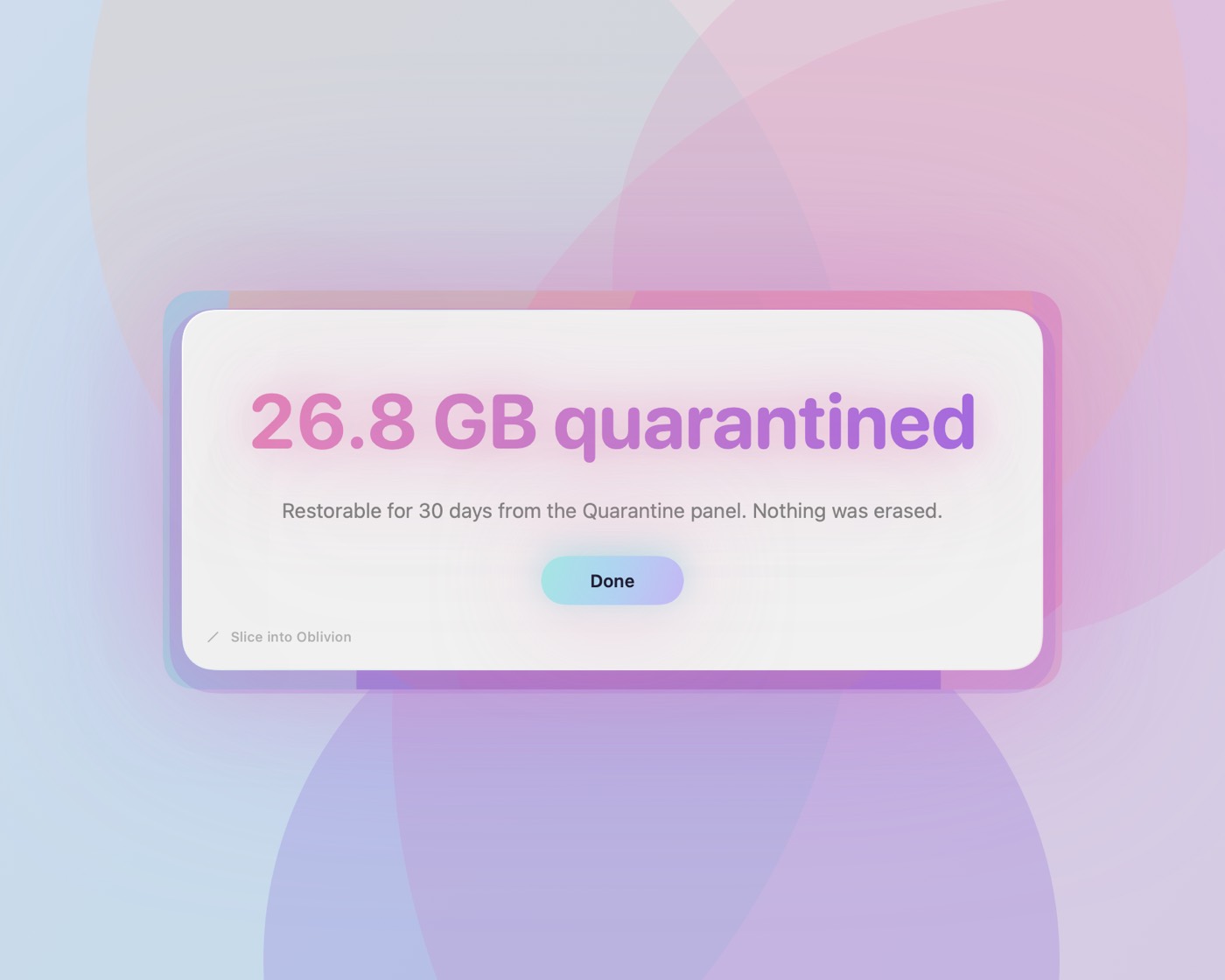 Offcut celebration screen showing 26.8 GB quarantined