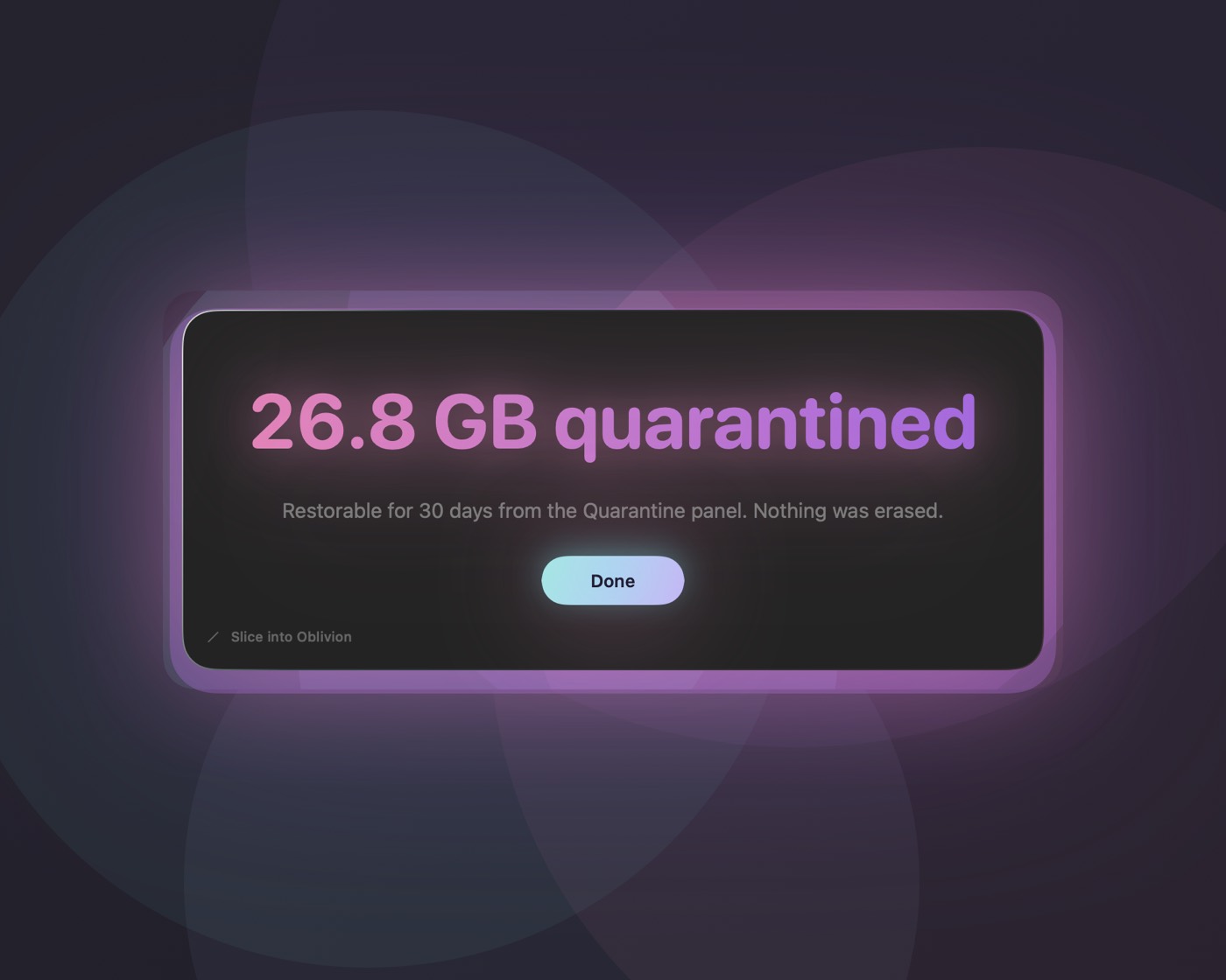 Offcut celebration screen showing 26.8 GB quarantined