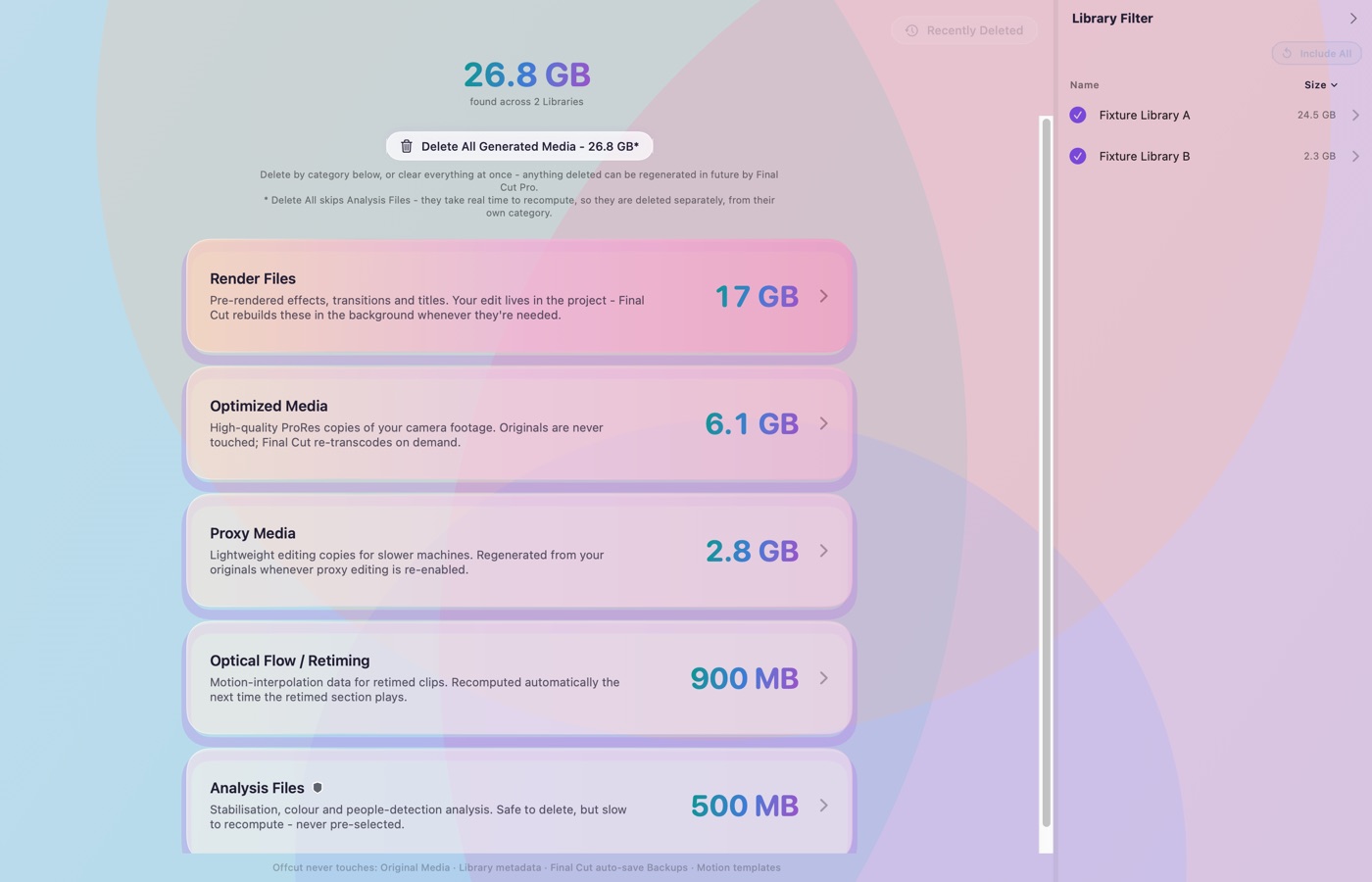 Generated Media broken down by category, with render files and caches Final Cut can rebuild
