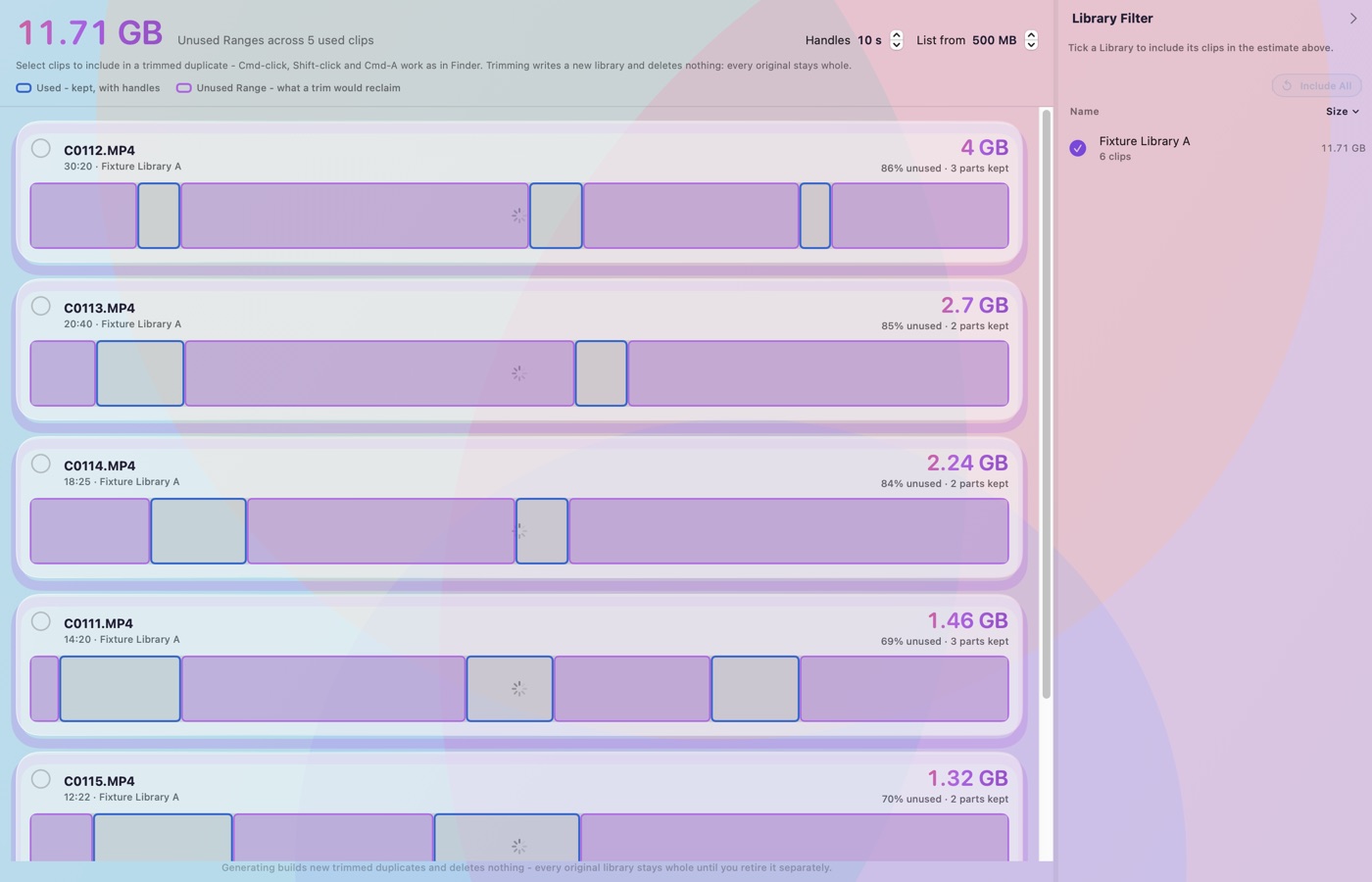 Range Trim showing the used and unused stretches inside each clip, and what a trimmed copy would save