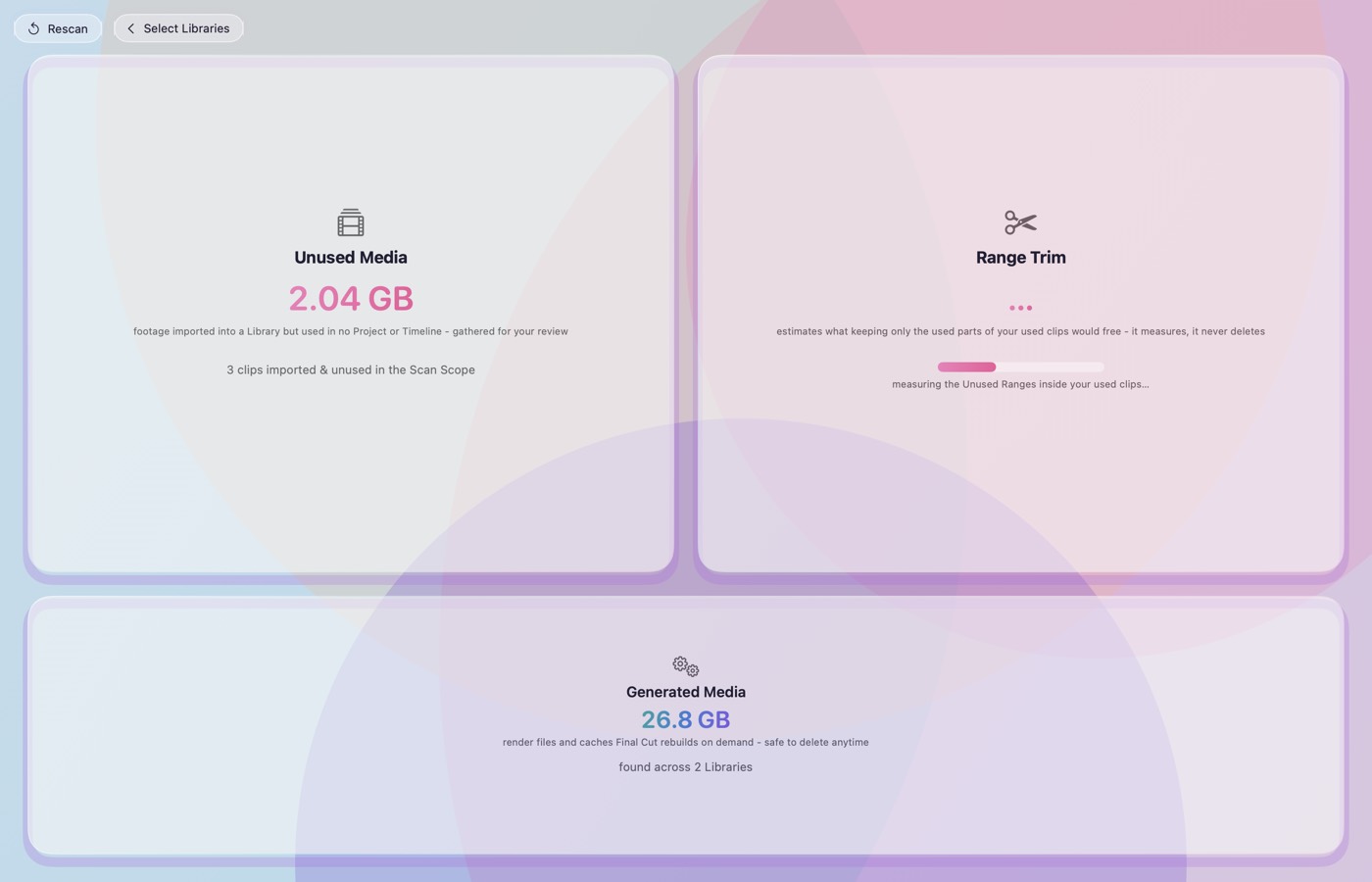 Offcut showing reclaimable space across a set of Final Cut Pro libraries