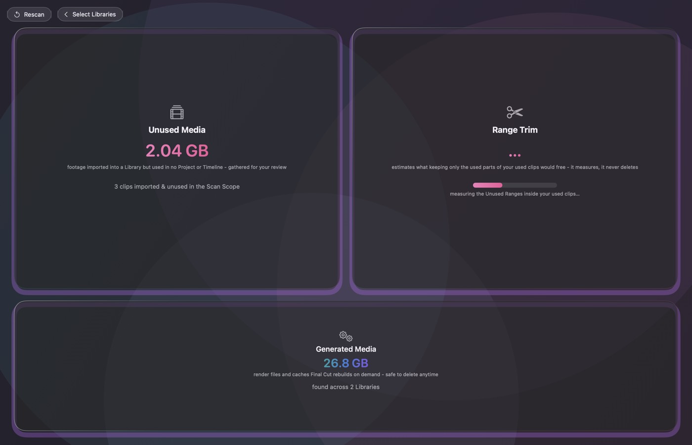 Offcut showing reclaimable space across a set of Final Cut Pro libraries